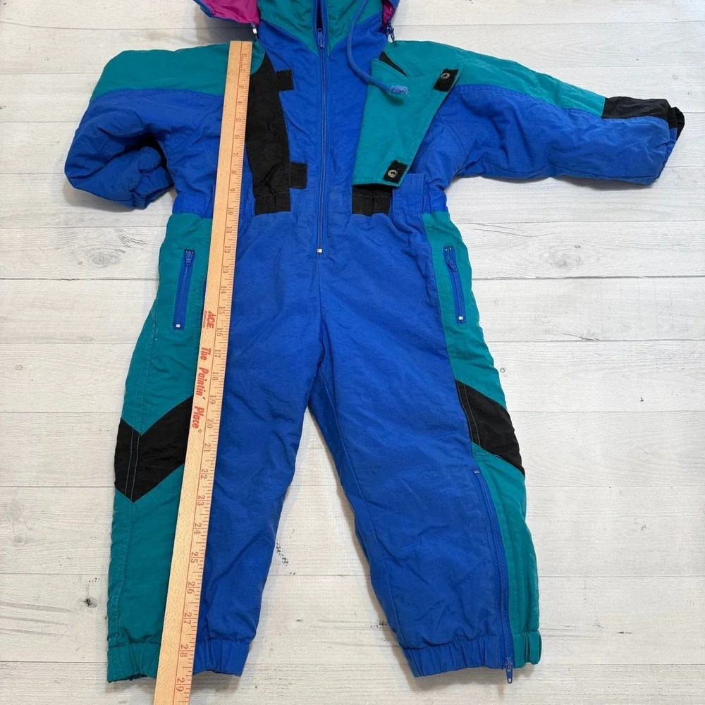 Vintage 90s Girls‎ one piece snowsuit winter ski blue teal pink size 3T